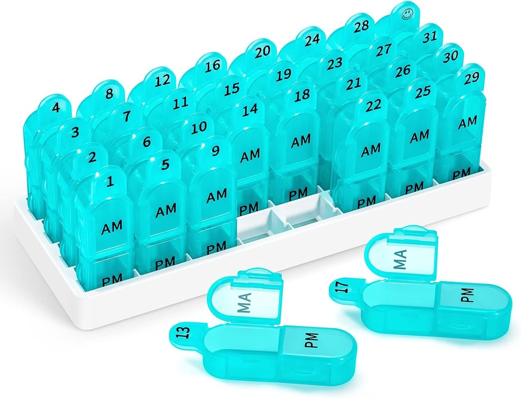 Zoksi maandelijkse pil Organizer 2 keer per dag, 30 dagen pil Box Organizer Am PM, dagelijkse pil geval met 32 grote afdelingen voor elke dag, draagbare reis pil Container voor vitaminen en geneeskunde(Cyan)