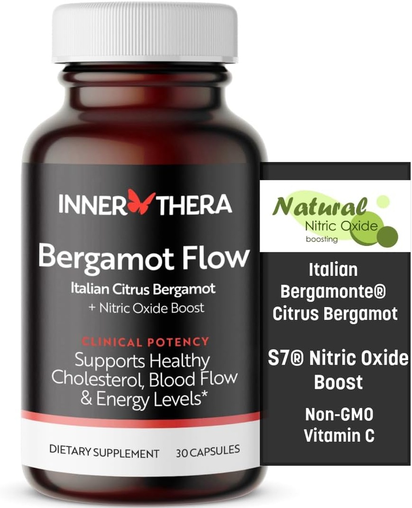 Bergamot Flow Italiaanse Citrus Bergamot + S7 Nitric Oxide, Bergamot Supplement voor hoge cholesterol - Verhoog de bloedstroom, circulatie en energieniveaus - gemaakt met gepatenteerde Italiaanse Bergamonte Extract