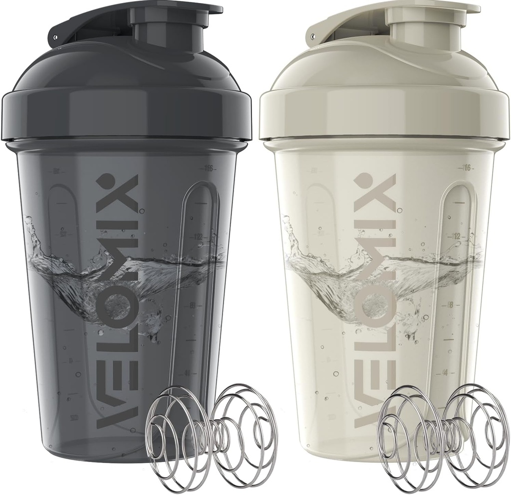 VELOMIX -2 Pack- 20 oz Protein Shaker Flessen voor Proteïne Mixen - 2x Wire Whisk 