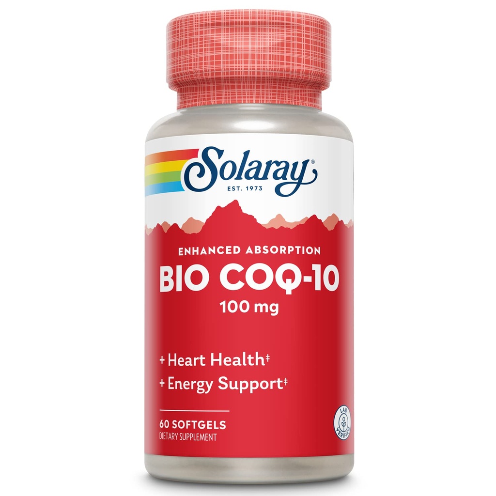 SOLARAY Bio CoQ-10 100 mg Verbeterde absorptie Vitaminen A & E Gezonde Hart- en Cellulaire Energie Ondersteuning (60 CT)
