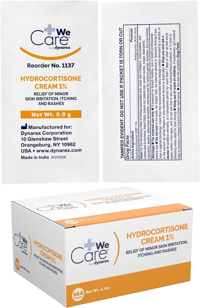Dynarex Hydrocortisone Cream - Topical Anti-Itch Hydrocortisone Ointment for Temporary Relief of Minor Skin Itching, Rash, Irritation - .9g Packet, 1 Box of 144