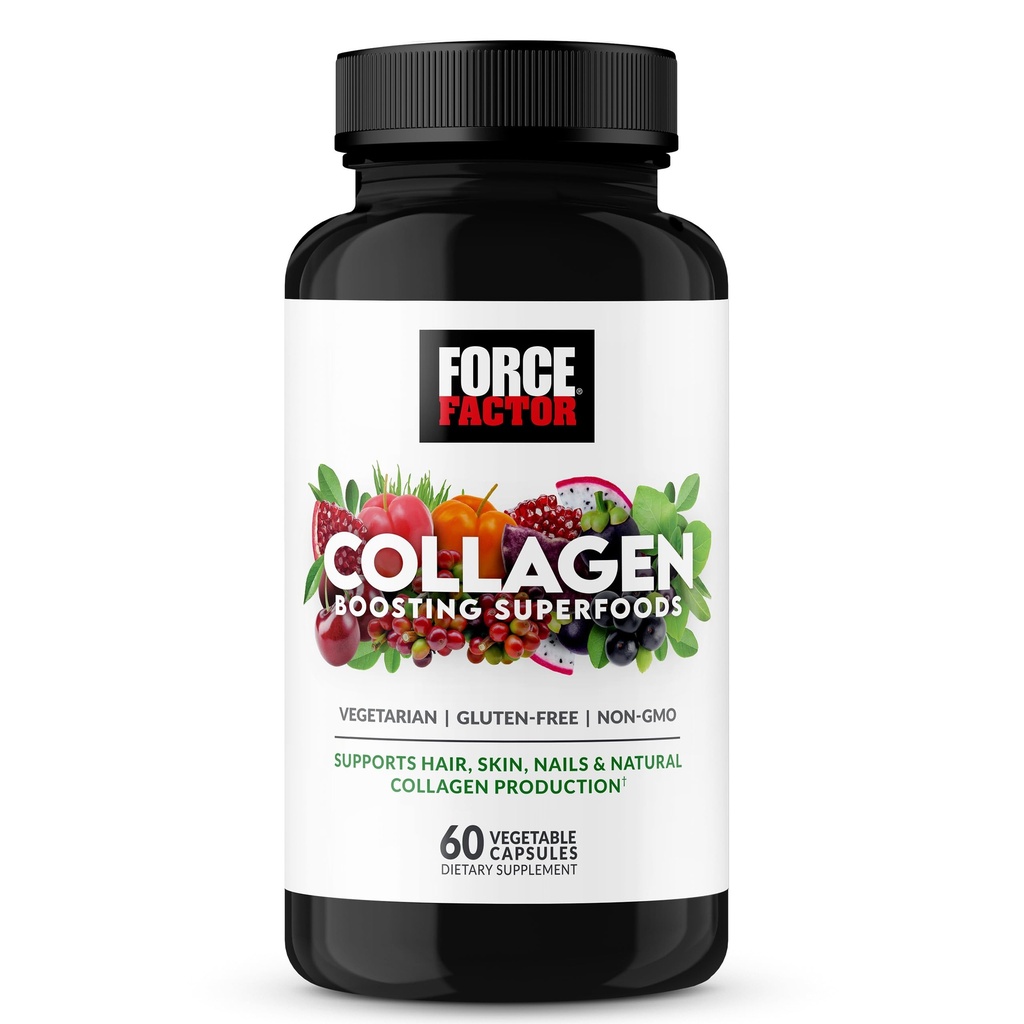 Force Factor Collageen Boosting Superfoods, Vegan Collageen Booster met Hyaluronzuur, Biotine, Bamboe, Aminozuren & Vitaminen voor haar, huid en nagels, Versterker en huidsupplement, 60 capsules