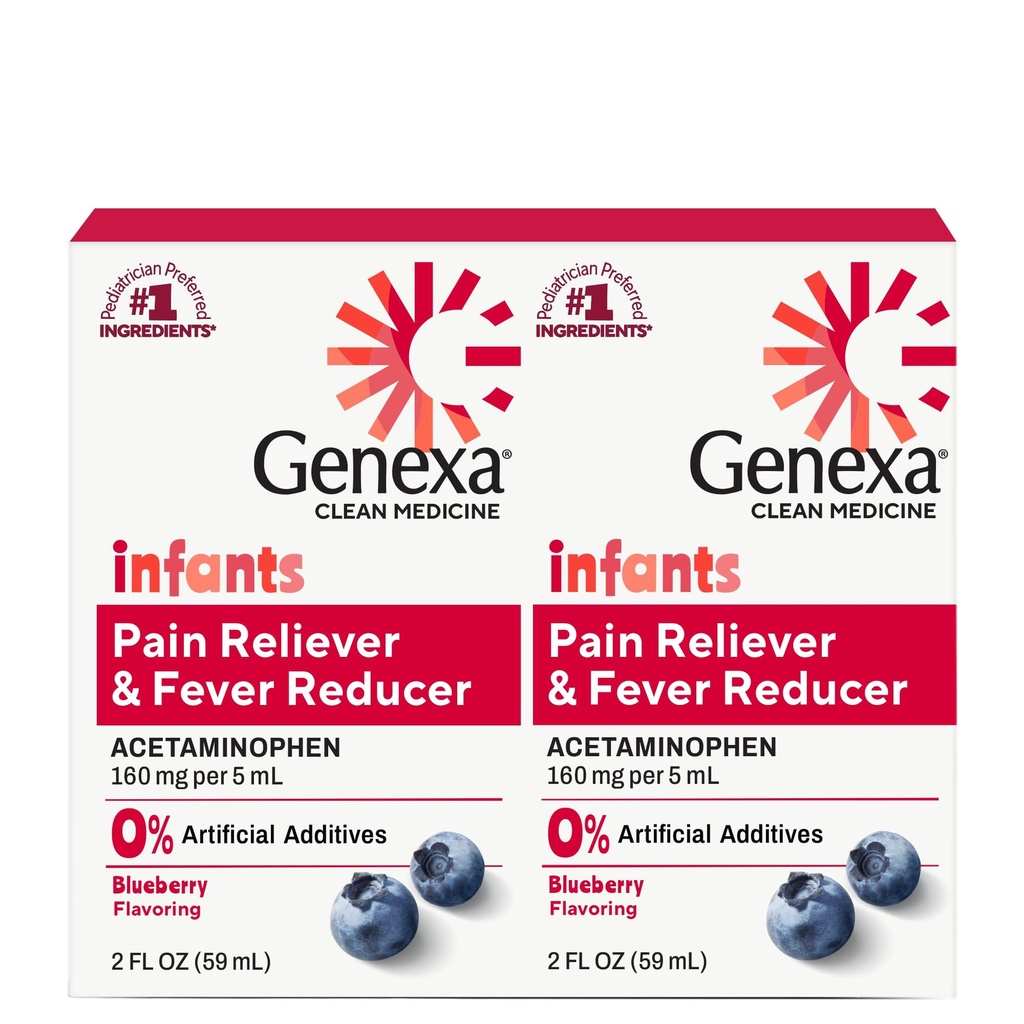 Genexa Infants' Clean Acetaminophen | Pediatrician Preferred Ingredients | Pain Reliever & Fever Reducer for Babies | Dye Free, 0% Artificial Additives | Organic Blueberry Flavor, 4 fl oz (2 Pack)