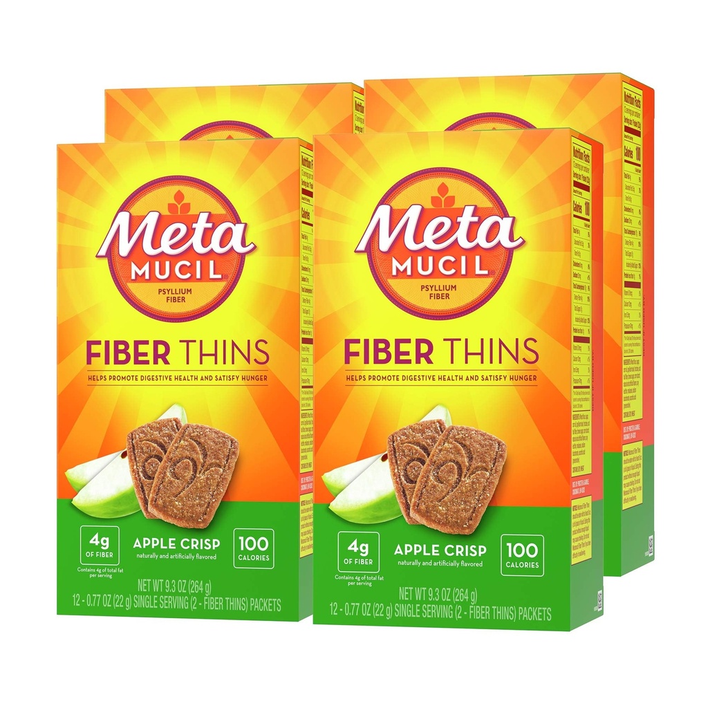 Metamucil, Fiber Thins, Daily Psyllium Husk Fiber Supplement, Supports Digestive Health and Satisfies Hunger, Apple Crisp Flavor, 48 Total Servings (4 Packs of 12)
