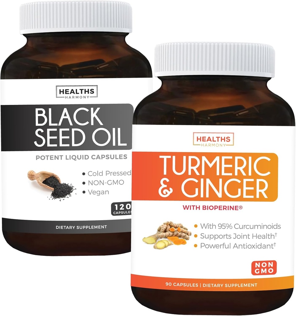 Bundle of Turmeric & Ginger & Black Seed Oil - Golden Harmony Blend - Turmeric & Ginger with 95% Curcuminoids & Bioperine (90 Capsules) & Black Seed Oil (Non-GMO) 100% Cold-Pressed Cumin Seed Oil