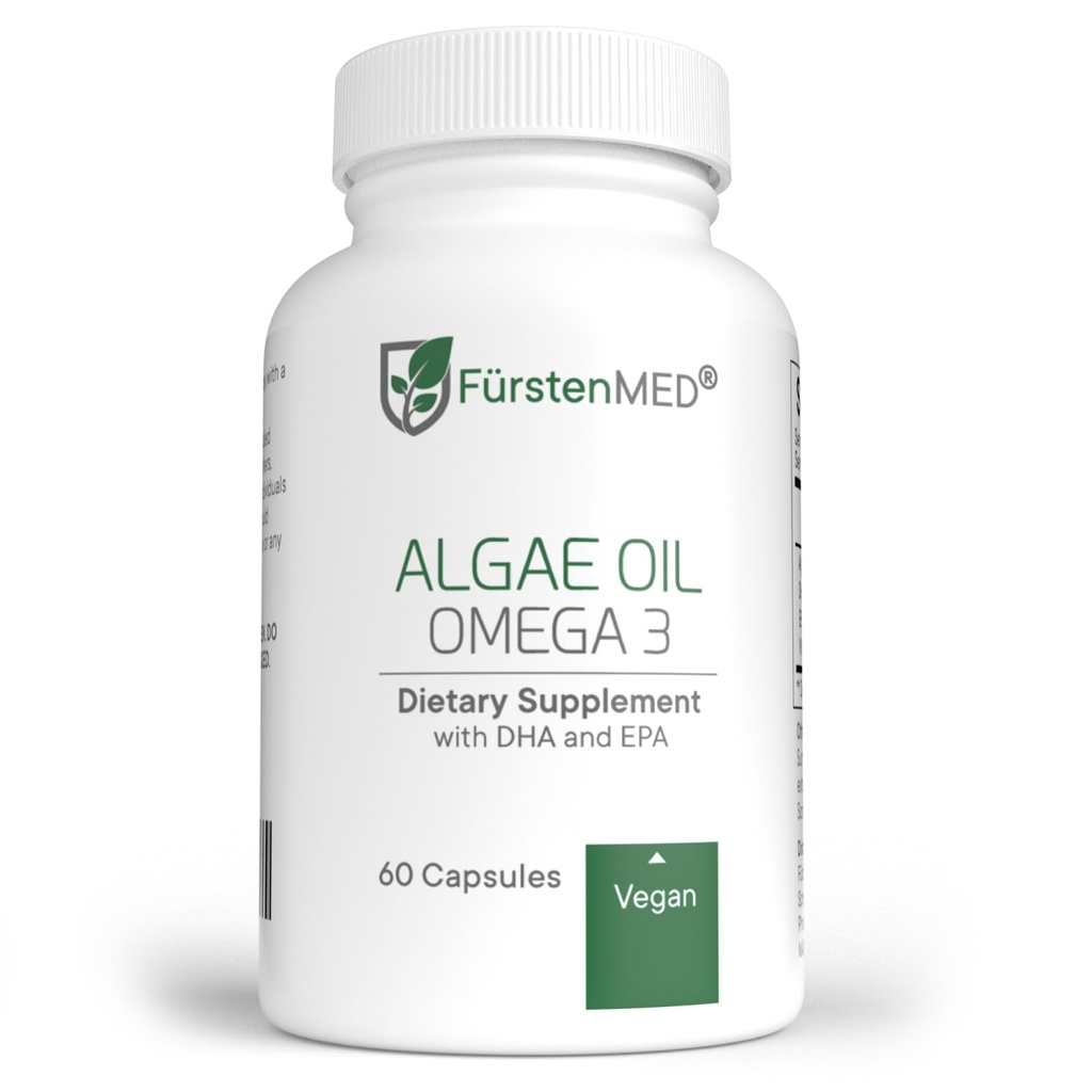FürstenMED Algenolie Vegan Omega 3 - Hart, hersenen en gezamenlijke gezondheidsondersteuning - 2000mg Algenolie waarvan 700mg DHA & 320mg EPA + 3, 6mg vitamine E per dagelijkse dosis - essentiële vetzuren