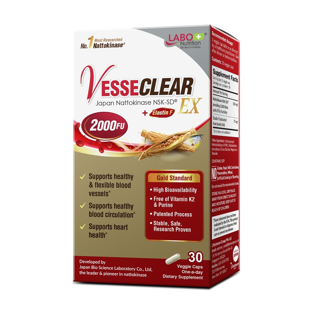 LABO Nutrition VesseCLEAR EX: Nattokinase NSK-SD+Elastin F voor een schoon en flexibel bloedvat. Japans meest bewezen onderzoek, functionele dosis, zuur-resistant/vertraagde afgiftecapsules