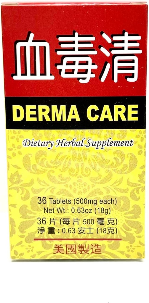 Derma Care Dietary Herbal Supplement helpt bij het verbeteren van de huidgezondheid en Relieve huid irritaties 500mg 36 tabletten Made in USA