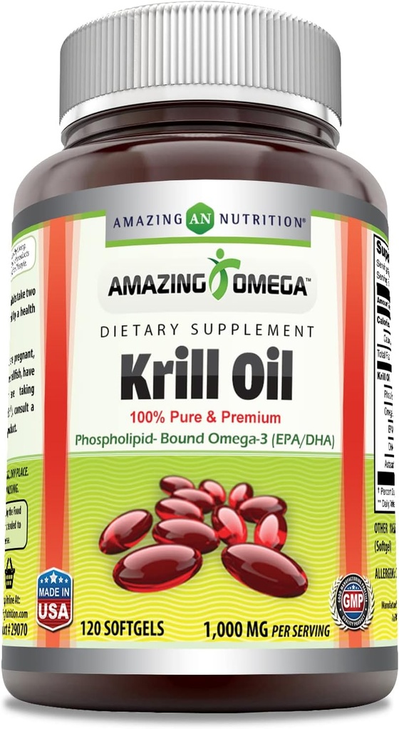 Verbazingwekkende Omega Krill Oil met Omega 3s EPA, DHA, Fosfolipiden en Astaxanthine 1000 Mg per Serving 120 softgels Supplement 