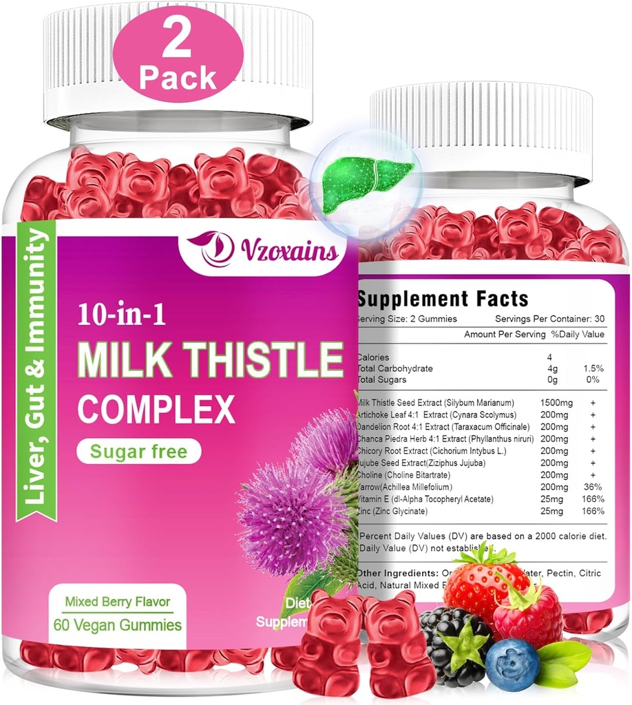 Milk Thistle Gummies, 10 in 1 Herbal Formula for Liver Cleanse Detox Repair with Dandelion Root, Turmeric, Artichoke Optimal Liver Function and Digestive Health Mixed Berry Flavor