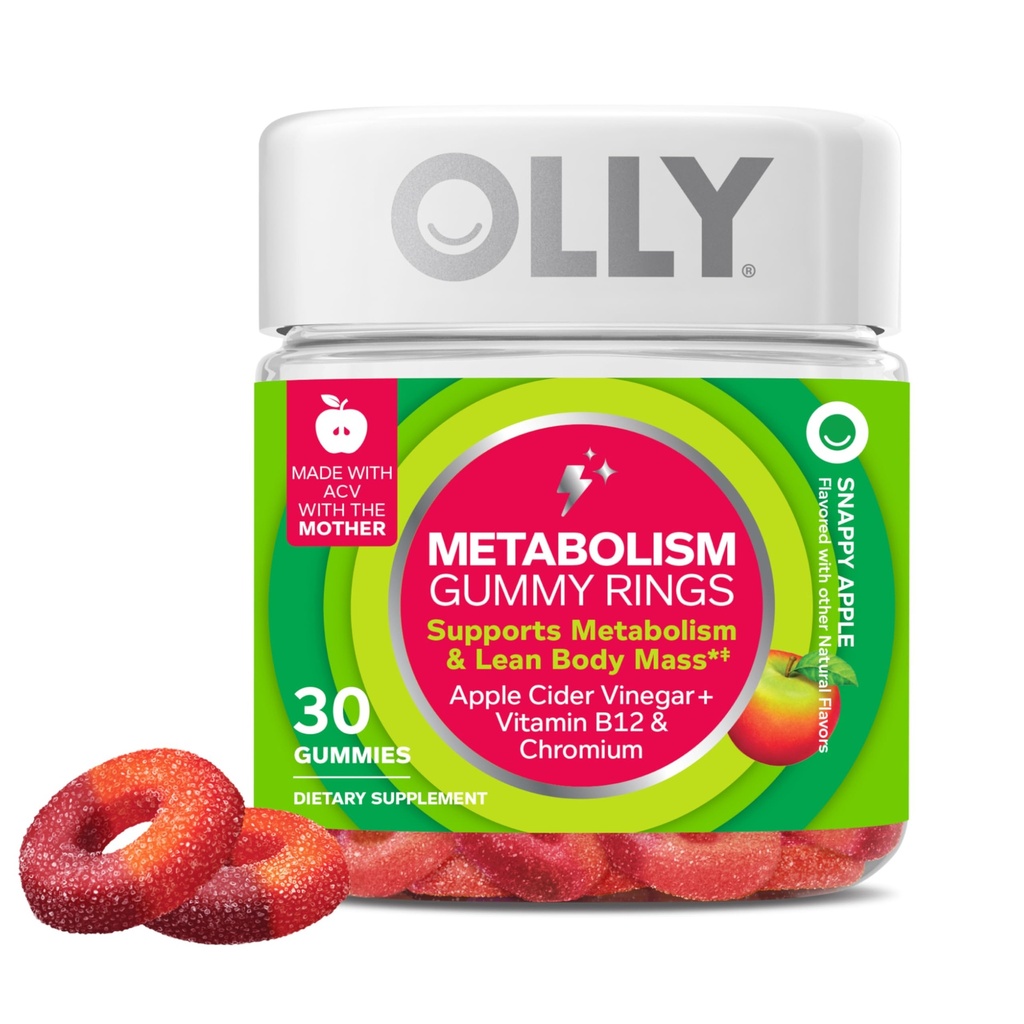 OLLY Metabolisme Gummy Ringen, Apple Cider Vinegar, Vitamine B12, Chroom, Energie en Digestieve Gezondheid, Kauwbare Supplement, Apple Finegar - 30 Tellen