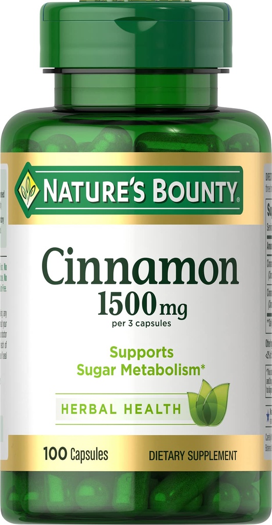 Nature's Bounty Kaneel Capsules, Kruidensupplement, Ondersteunt Suiker Metabolisme, 1500mg, 100 Capsules