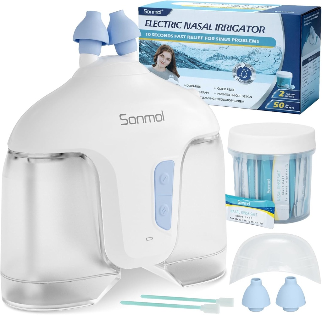 Sonmol Electric neus besproeiingssysteem (nasale besproeiing, wit), neusreiniger voor Sinus volwassen, zelfreinigende neusreiniger met 50 pakjes Saline