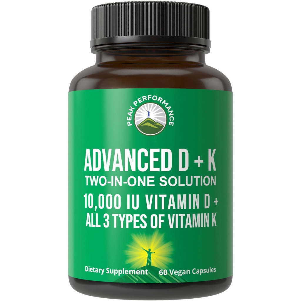 Peak Performance Advanced Vitamin D 10000 IU with All 3 Types of Vitamin K - 10,000 Vitamin D3 and Vitamin K2, K1, MK-7 (MK7), MK4 Capsules Supplement - 60 Small and Easy to Swallow Pills