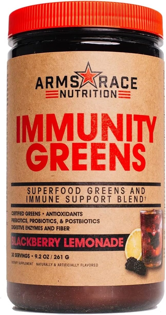 Arms Race Nutrition Immunity Greens Superfood Greens en Immune Support Blend - 9.2 oz. (30 Servings) (BlackBerry Limonade)