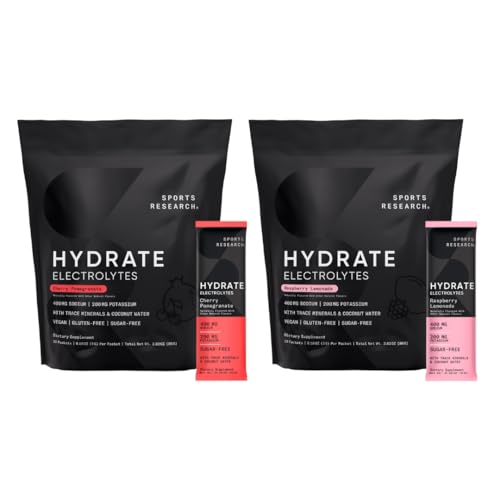 Sportonderzoek Hydrate Electrolytes Dynamic Duo - Suikervrij & natuurlijk met vitamines, mineralen en kokoswater - 32 Hydration Packets of Cherry Granaatappel & Raspberry Limonade