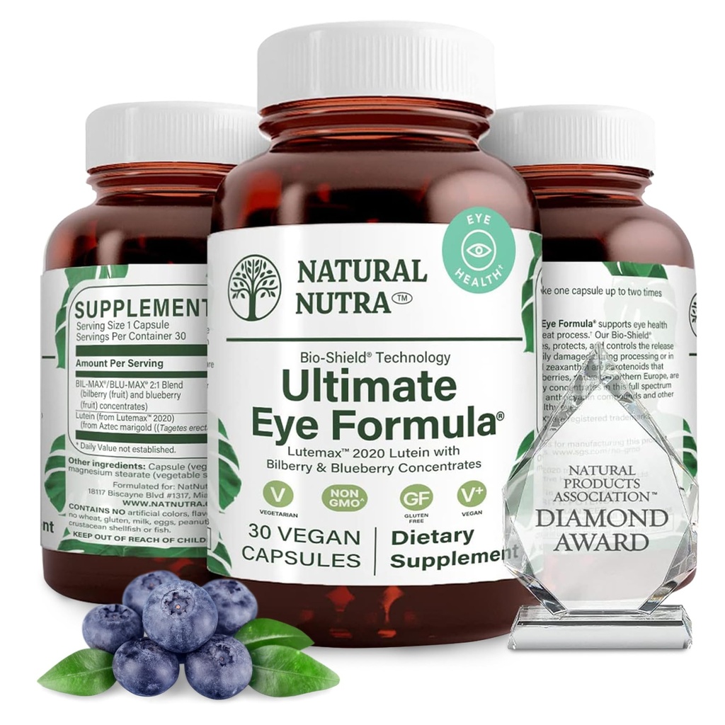Natuurlijke Nutra Ultimate Eye Health Supplement - Blauwe bosbessen extract Blend voor dag- en nachtzicht ondersteuning, bevordert kleurperceptie en ooghelderheid - niet-GMO, glutenvrij, Veganistisch - 30 capsules