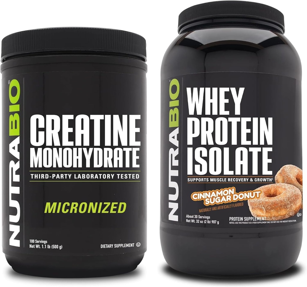 NutraBio Creatine Monohydraat, Unflavored, 500g en Wei Proteïne Isolaat, Kaneel Suiker Donut, Supplement Bundle - Spierenergie, Lean Spiergroei, Herstel, en sterkte