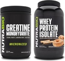 NutraBio Creatine Monohydraat, Unflavored, 500g en Wei Proteïne Isolaat, Kaneel Suiker Donut, Supplement Bundle - Spierenergie, Lean Spiergroei, Herstel, en sterkte
