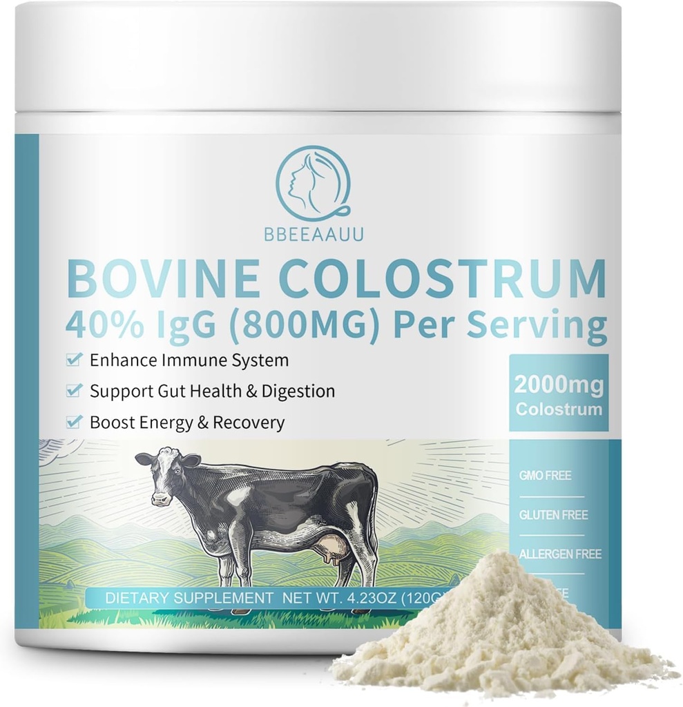 Bovine Colostrum Supplement 2000mg, Colostrum Poeder 40% IgG Immunoglobulinen voor Immune Ondersteuning, Haargroei, Gut Health, Spier, Energie - 100% Gras Fed, Gluten-Free, Non-GMO, 120 Gram