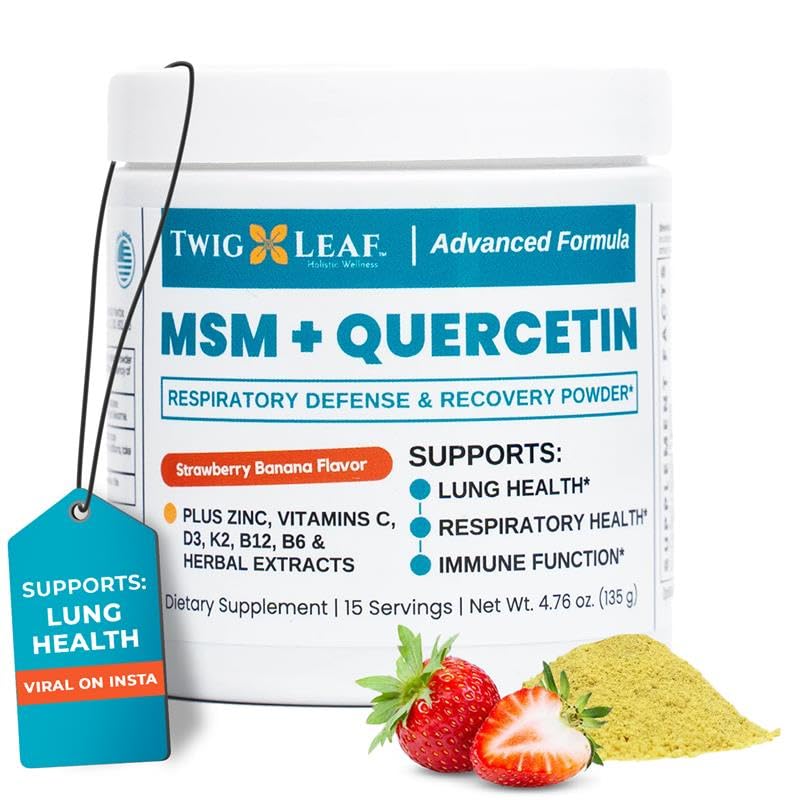 Twig & Leaf MSM Quercetine Supplement met vitamine C & Zink (Strawberry Banana) - MSM Powder Supplement for Respiratory Health - Natural Defense for Seasonal Challenges - 4,76 oz