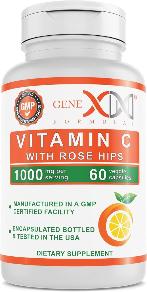 Genex Formules 1000mg Vitamine C met Rose HIPS (60 capsules) Ondersteunt gezond immuunsysteem - Non-GMO, Glutenvrij, Veganistisch (60 dagen levering)