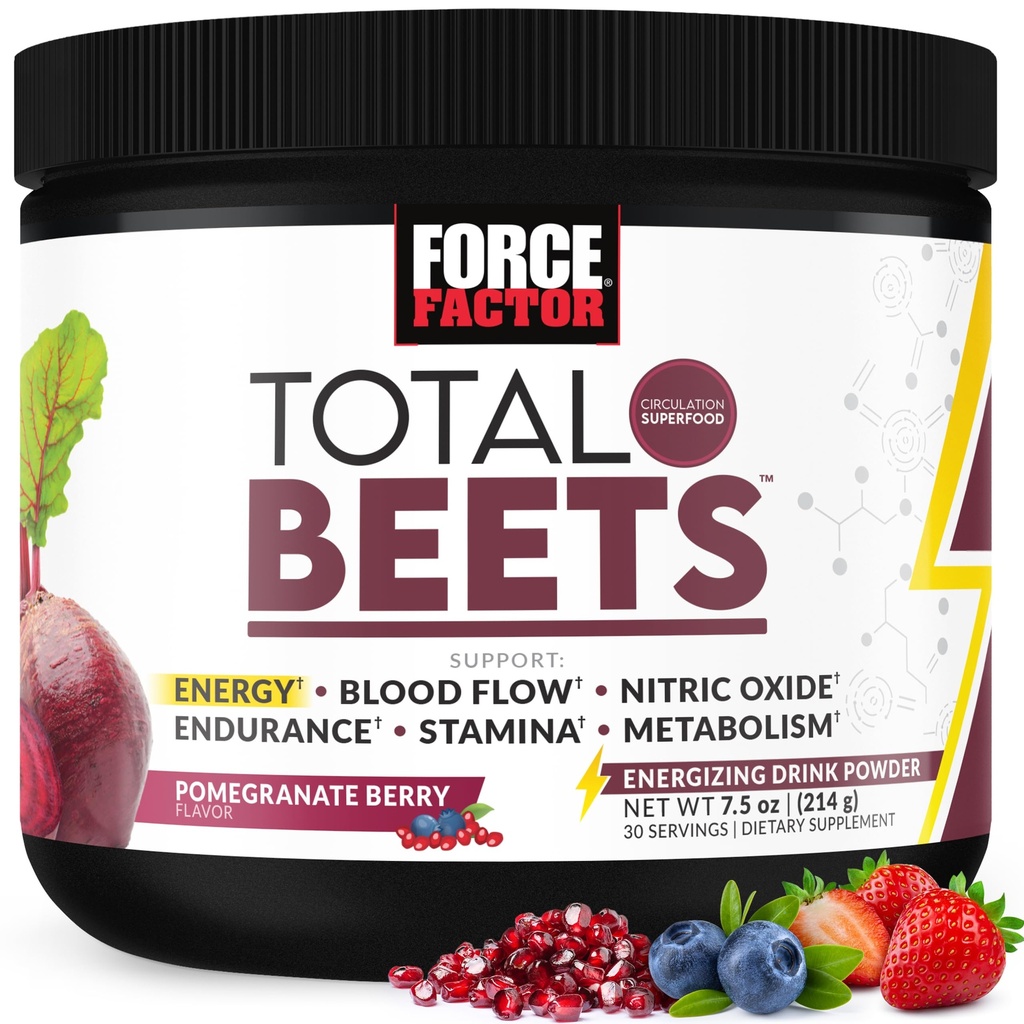 Force Factor Total Beets Energy Drink Mix, Superfood Beet Root Powder met nitraten om energie en ondersteuning Circulatie, bloedstroom, stikstofoxide en uithoudingsvermogen, Heart Health Supplement, 30 porties