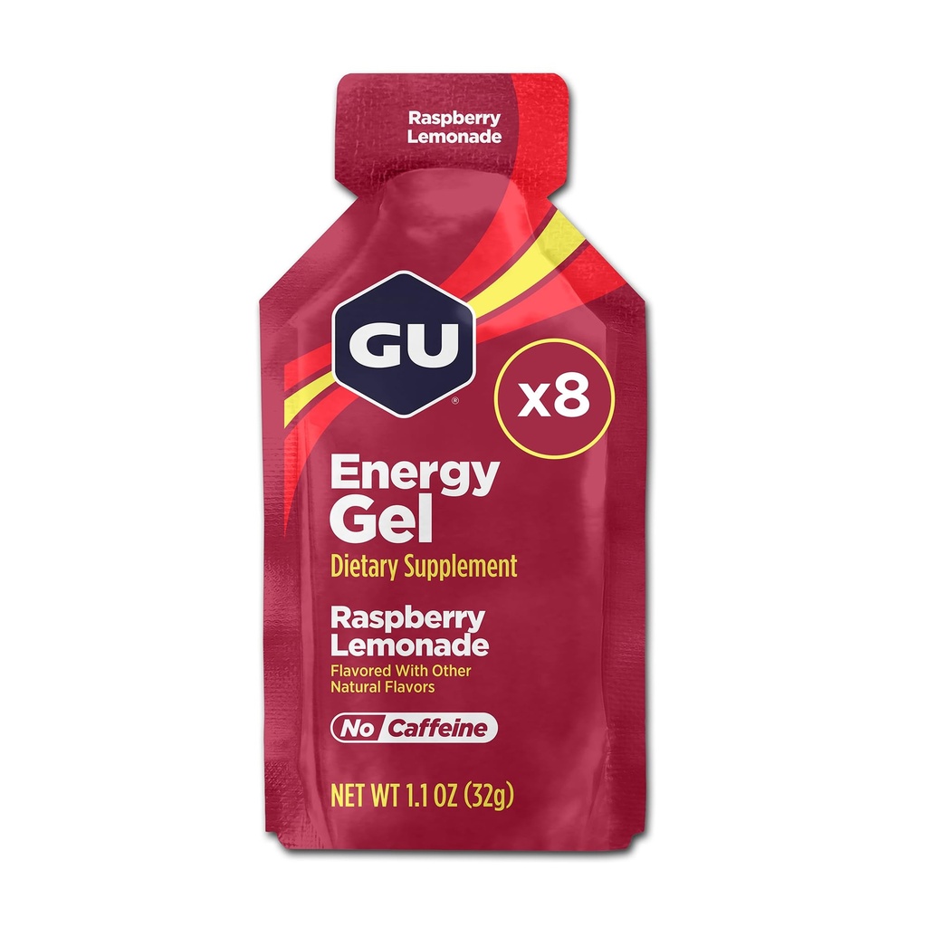 GU Energy Original Sports Nutrition Energy Gel, 8-Count, Vegan, Glutenvrij, Kosher en Dairy-Free On-The-Go Energy voor elke training, Raspberry Lemonade