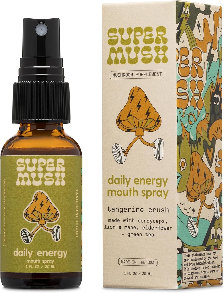 SuperMush dagelijkse energie mondspray - paddosupplement - Lions Mane & Cordyceps gemengde paddo's Extract Pure Liquid Sprays for Focus, Uithoudingsvermogen & Clarity - 30ml biologische Lions Mane Fungi Spray