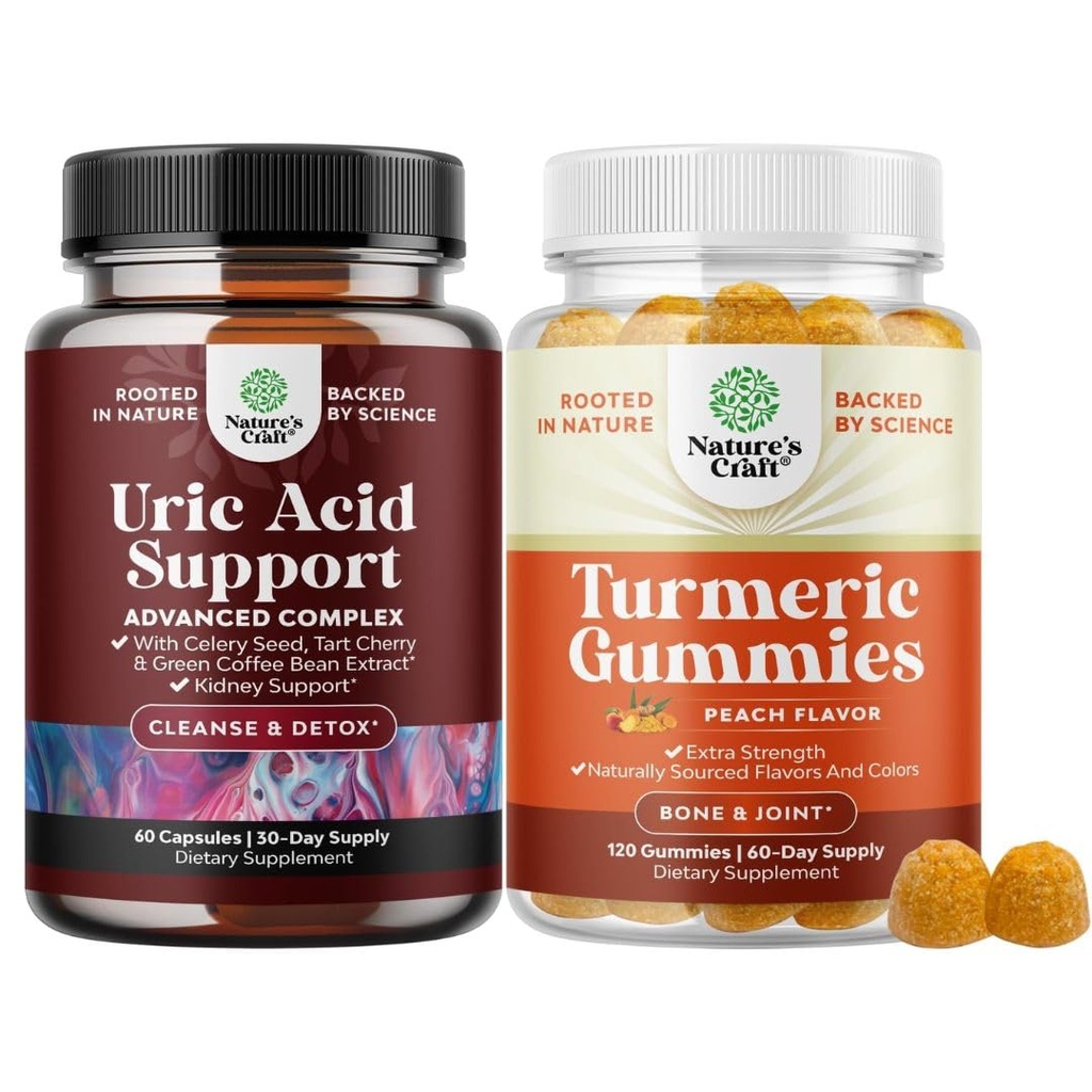 Natures Craft Bundle van Vegan Uric Acid Cleanse en Detox voor mannen en vrouwen gewrichten Nieren en meer en Kurkuma Gummies voor volwassenen Peach Flavor - Extra sterkte gezamenlijke ondersteuning Gummies