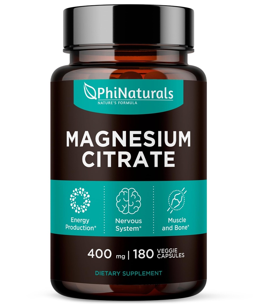 Magnesium Citrate Powder Capsules 400mg - 180 Tel Veg Caps - PhiNaturals Supplements - Zenuwstelselondersteuning en Enzyme Functie