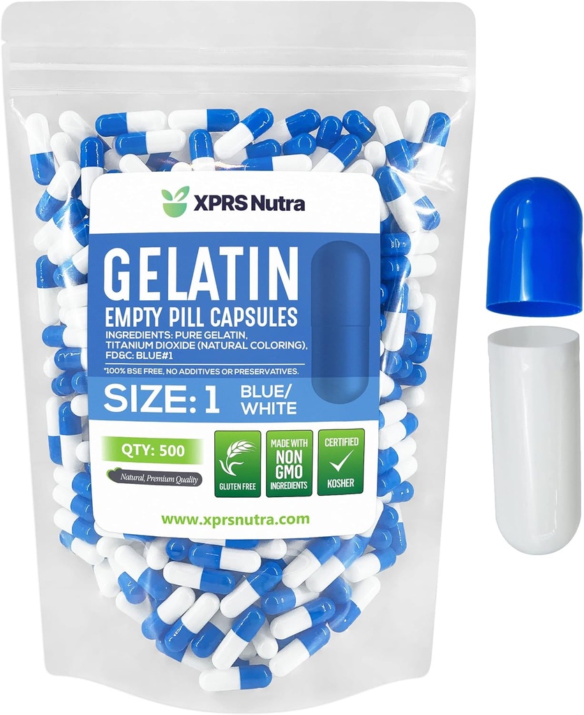 XPRS Nutra Formaat 1 Lege capsules - 500 Telle Lege Gelatine Capsules - Pillen DIY Capsule Vulling - Pure Bovine Pill Gel Caps for Do-It-Yourself Supplements (Blue/White)