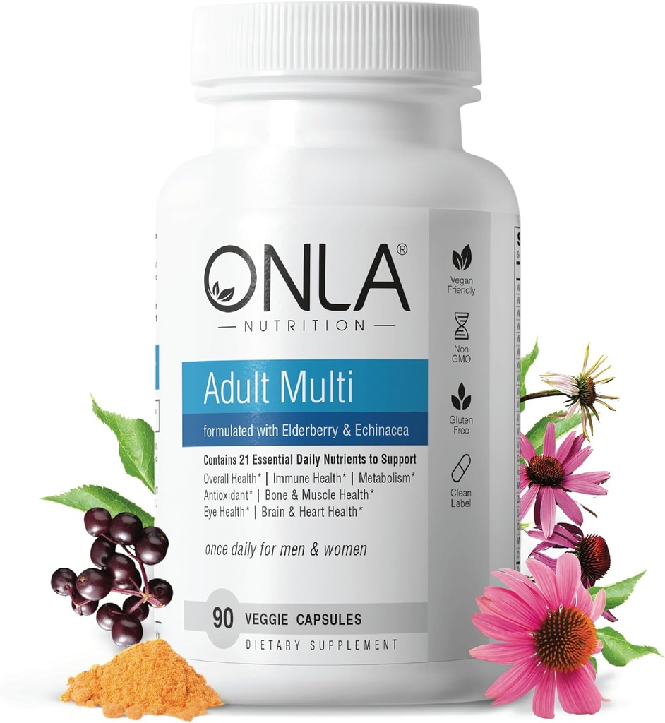 ONLA Elderberry Supplements for Women 80mg - Vegan Multivitamins for Immune Support with Echinacea & Elderberry - Non-GMO, Gluten-Free Daily Capsules- 3 Month Supply (Expiry May 2025)
