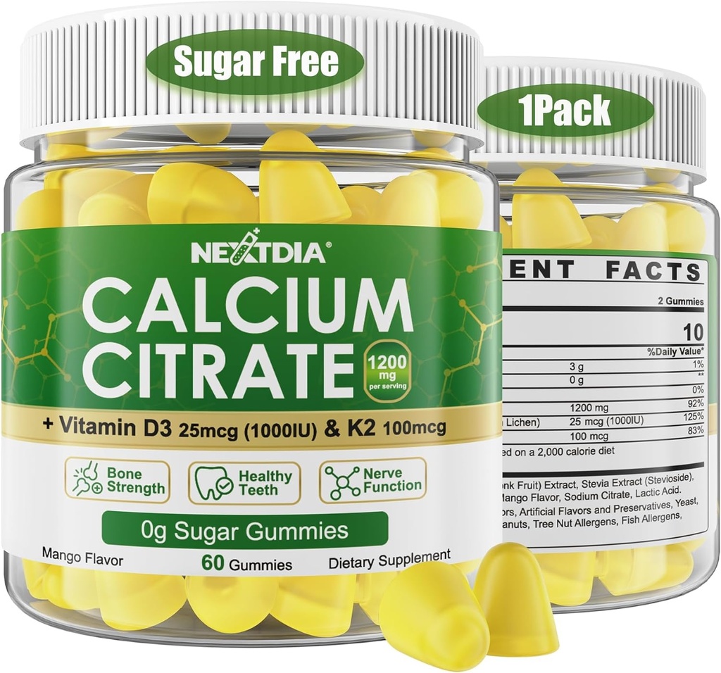 Calcium citraat Gummies 1200mg met vitamine D3 K2, Kauwbare calciumsupplementen voor vrouwen en mannen, hoge potentie ondersteuning B0ne, Te*th, sterkte & Immune Health, Mango smaak, non-GMO, suikervrij, 60 Ct