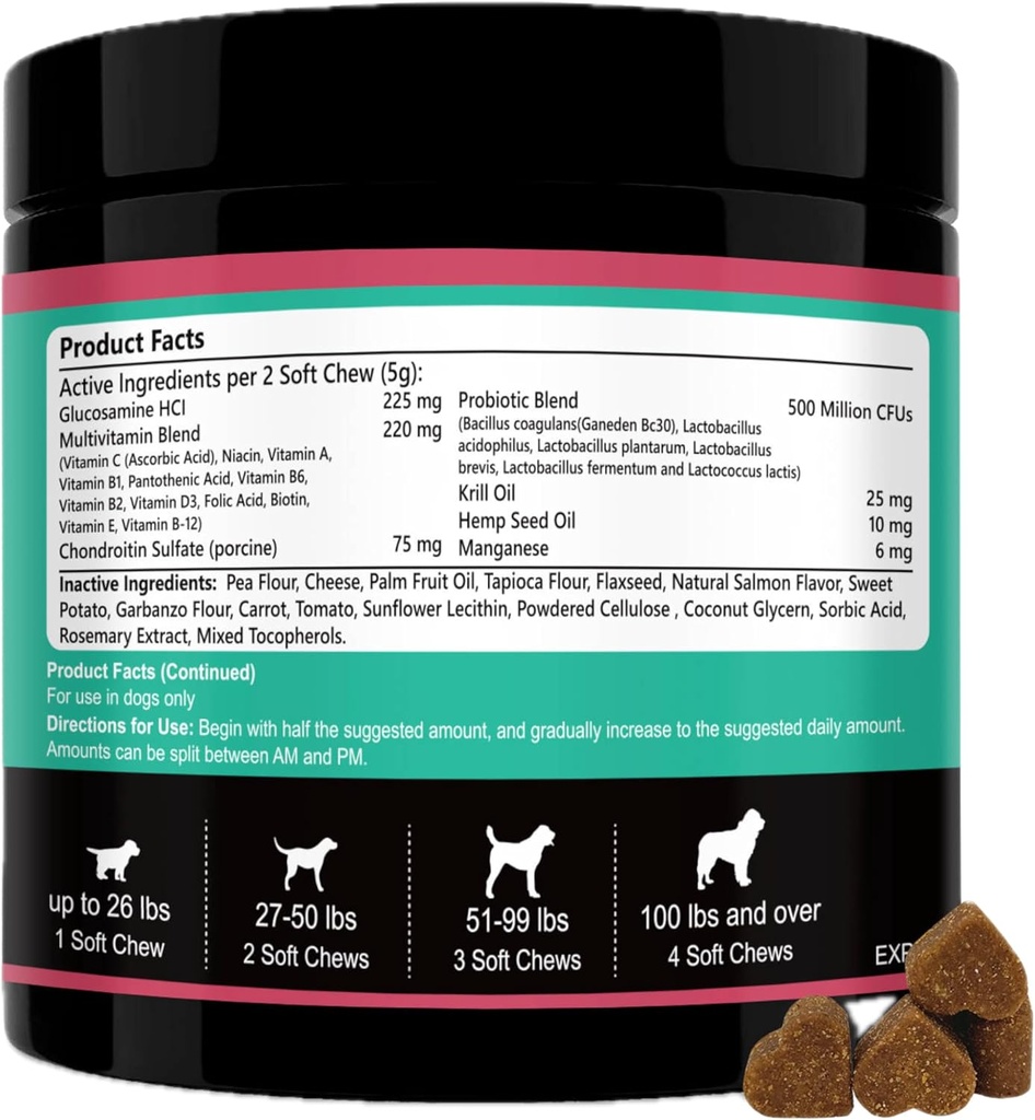Honden Multivitaminen Kauwbaar- 15 in 1 Honden Vitaminen Multivitaminen voor Hart Gezondheid - Omega 3 Olie voor Huid & Coat, Chondroitin en Glucosamine voor Honden Gezamenlijke & Mobiliteit, Probiotica - 120ct