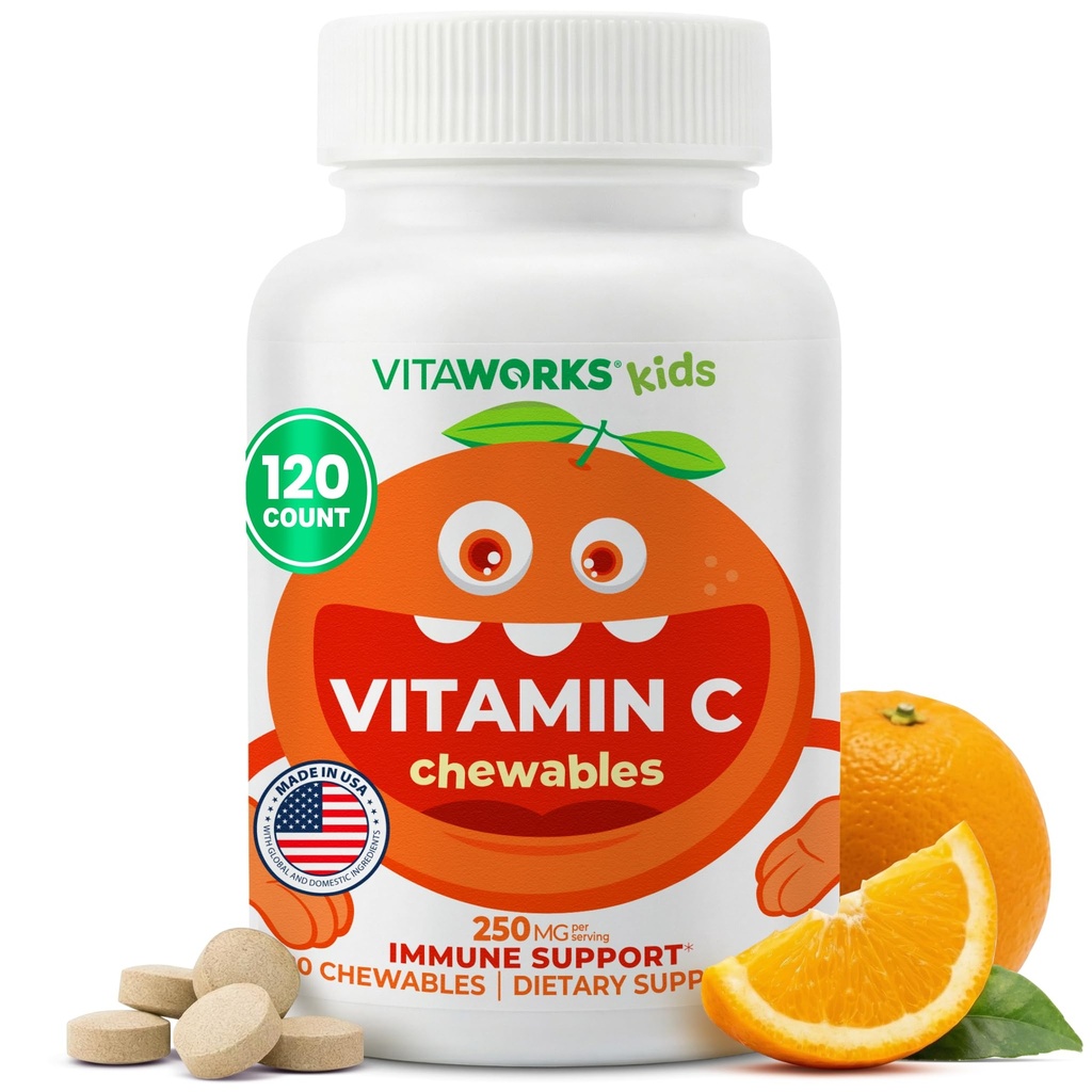 Kinderen Vitamine C Kauwtabletten 250mg - Veganistisch, GGO-vrij, Glutenvrij, Nootvrije Vitaminen - Dieetsupplement voor Immune Ondersteuning - voor kinderen - 120 Kauwtabletten