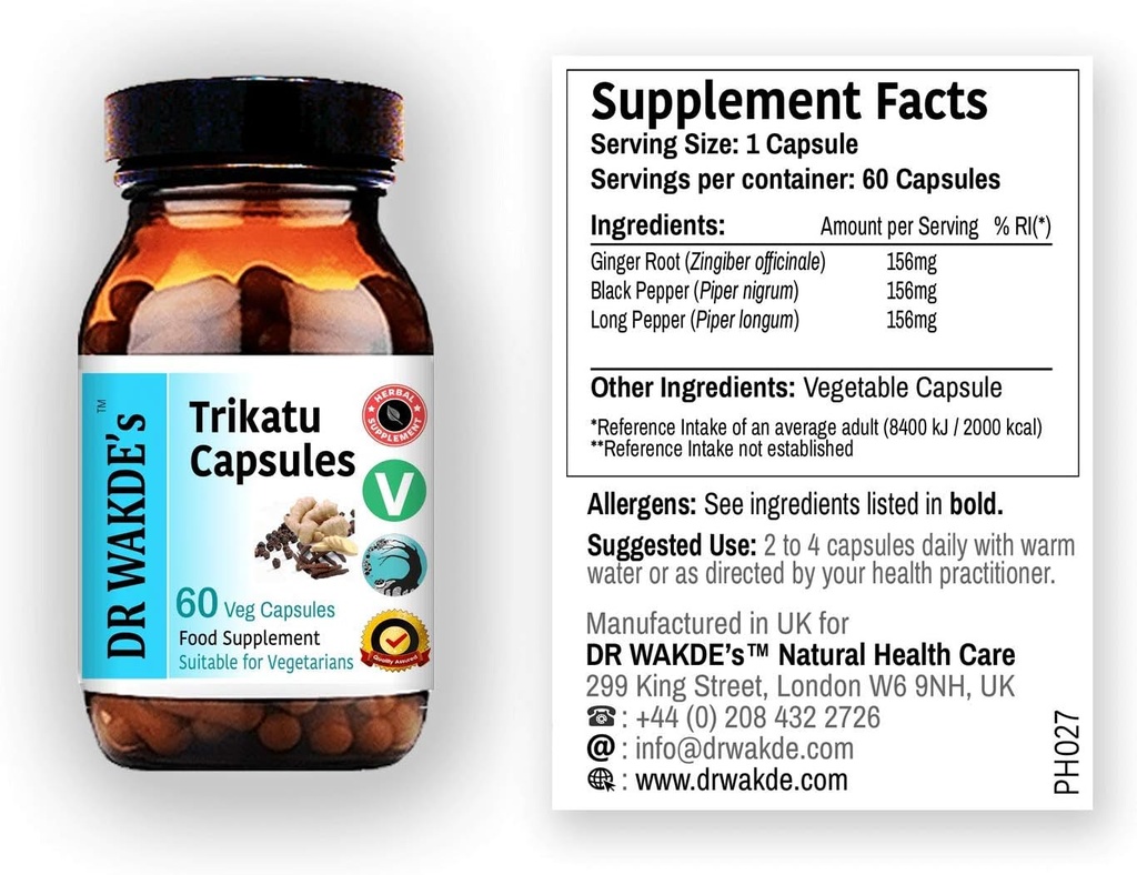 DR WAKDE's Trikatu Capsules (60 Veg Caps, Plant Based Supplement, Ayurvedic Herb, All Natural, Vegan)