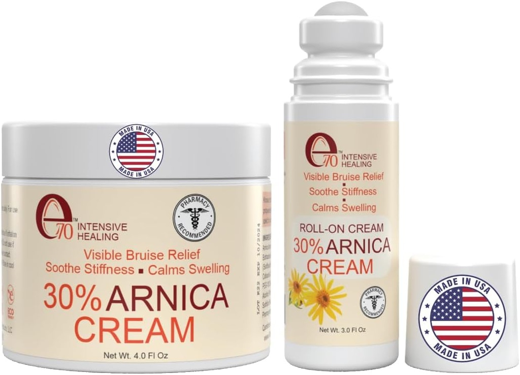 Arnica Cream & Arnica Gel Roll-On 2PK voor kneuzing en zwelling, Soothe Sore Muscles & gewrichten met vitamine K, 30% Arnica Montana, Hyaluronzuur & L-Arginine