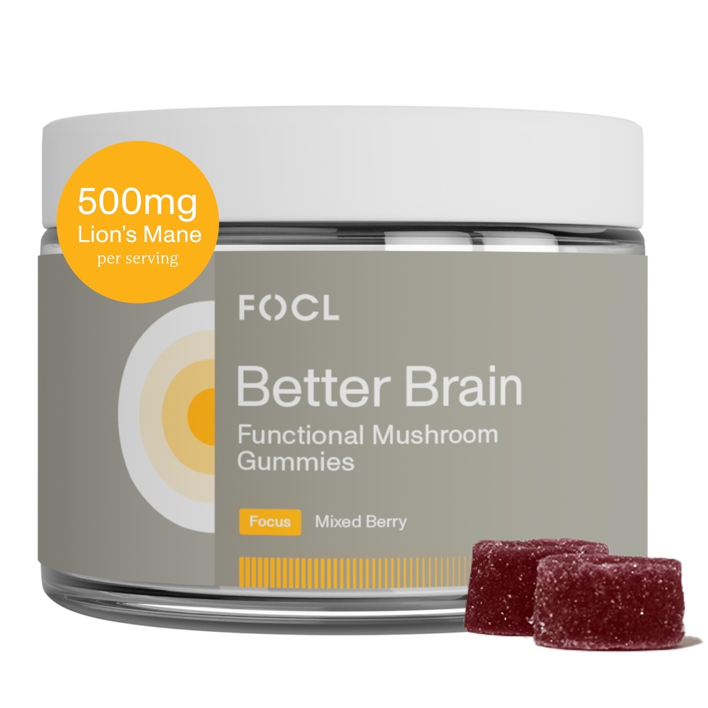 FOCL Lions Mane Mushroom Gummies - Paddestoel Supplement voor Hersenfunctie, Focus, Geheugen, Energie, Immune Boost, Uithoudingsvermogen - Nootropic Complex Lion's Mane, Reishi, Cordyceps - Vegan, Glutenvrij, Biologisch