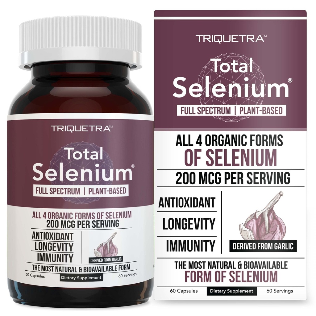 Total Selenium - 200 mcg, Plant-Based Selenium - Full Spectrum, Bevat 4 essentiële organische vormen van Selenomethionine - Afgeleid van Knoflook - 60 capsules