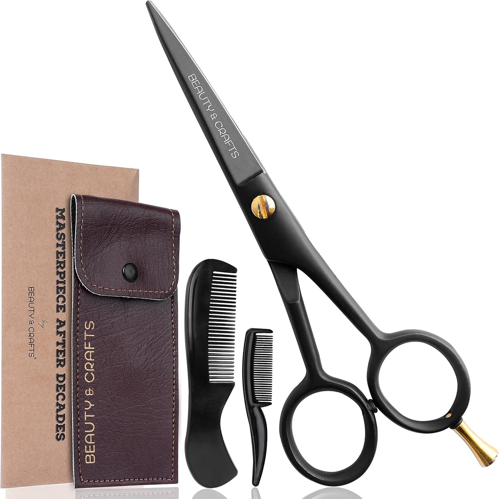 Beauty & Crafts- 5'' German Beard Mustache Scissors - 2 Mustache Comb for Facial Hair with Beautiful Pouch - Beard Trimming Scissors Use for Grooming, Cutting, and Styling of Mustache (Black)