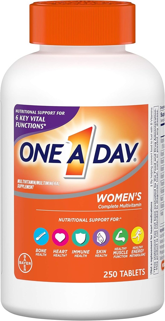 One A Day Womens Multivitamine, Supplement met vitamine A, vitamine C, vitamine D, vitamine E en zink voor Immune Health Support, B12, Biotin, Calcium & More, Tablet, 250 telling