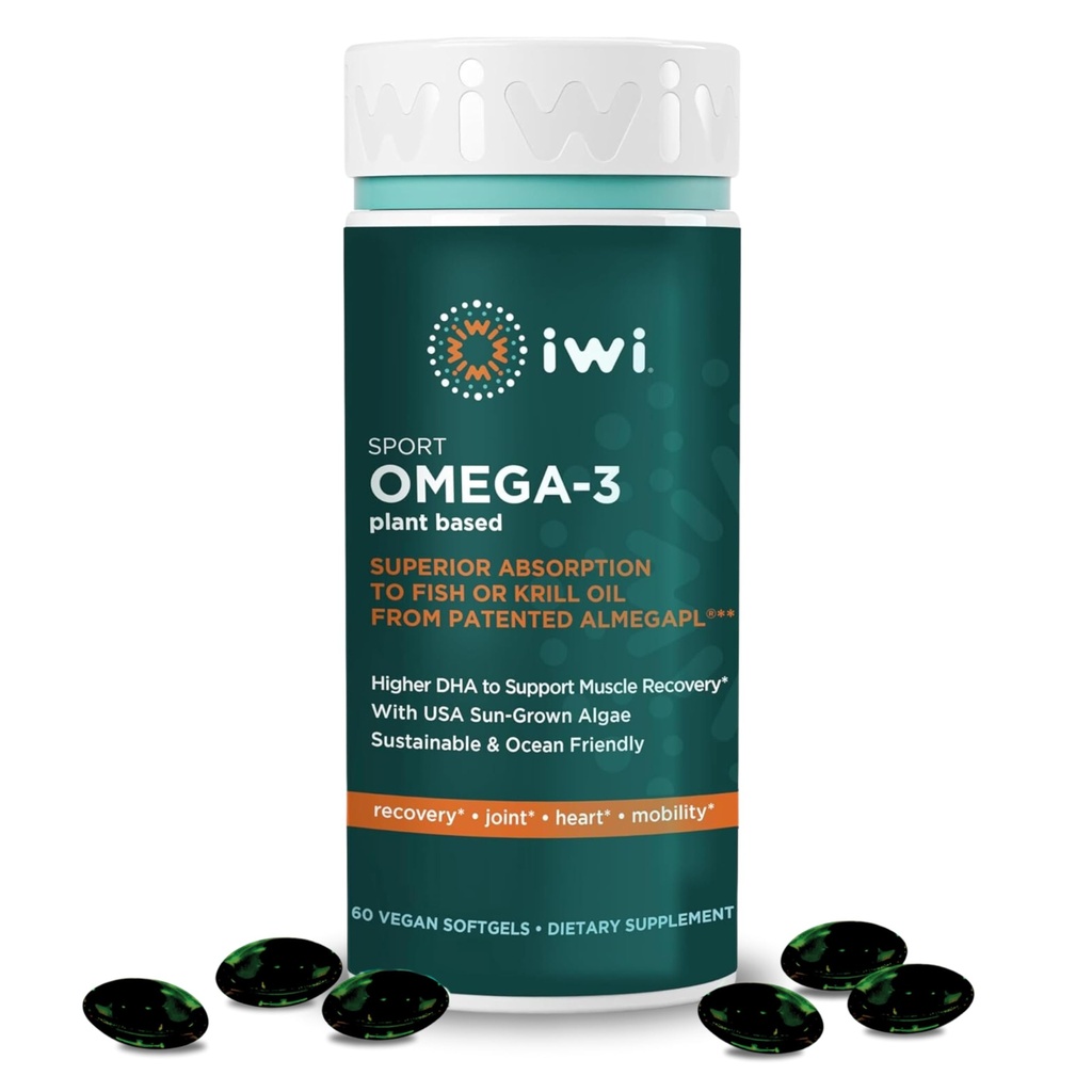 Iwi Omega-3 Sport, 60 Softgels (30 porties), Plant-based Vegan Algen Omega 3 met DHA, Oefening Herstel Ondersteuning Dieetsupplement, Krill & Fish Oil Alternatief, Geen Fishy Aftersmaak