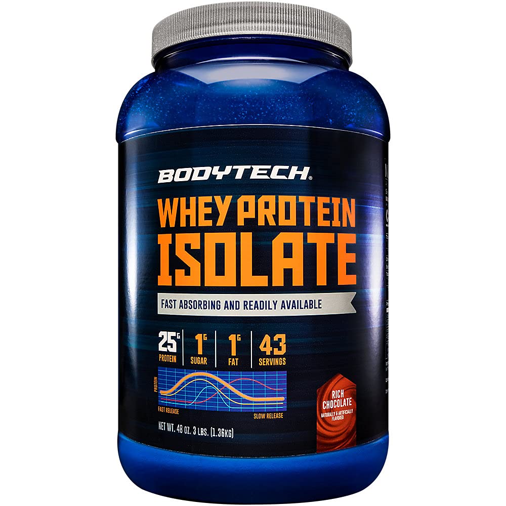 BODYTECH Wei proteïne isolaat poeder - Rijke chocolade smaak - Premium eiwit supplement voor spiergroei en herstel - lage Carb en hoge eiwitformule voor prestaties (3 lbs/43 Servers)