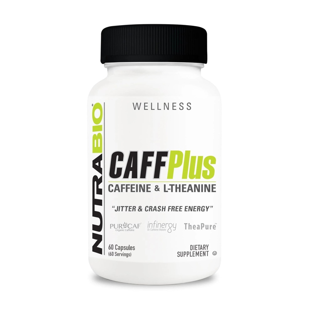 NutraBio CaffPlus, Dual Source Cafeïne met Theanine voor gezonde energie Boost - 60 plantaardige capsules