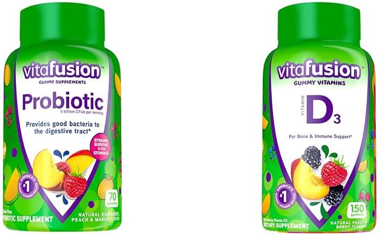 Vitafusie Probiotische Gummy Supplementen, Raspberry, Perzik en Mango Smaken & Vitamine D3 Gummy Vitaminen voor Bone en Immuun Systeem Ondersteuning