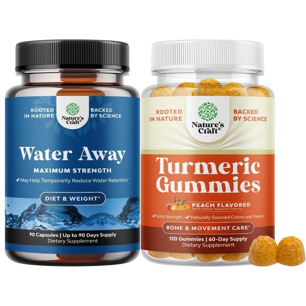 Bundle of Water Away Fluid Retention met Dandelion Leaf Extract & Green Tea for Bloating Relief and Kurkuma Gummies for Adults Peach Flavor - Kurkuma Curcumin met Black Pepper Extract en Gember