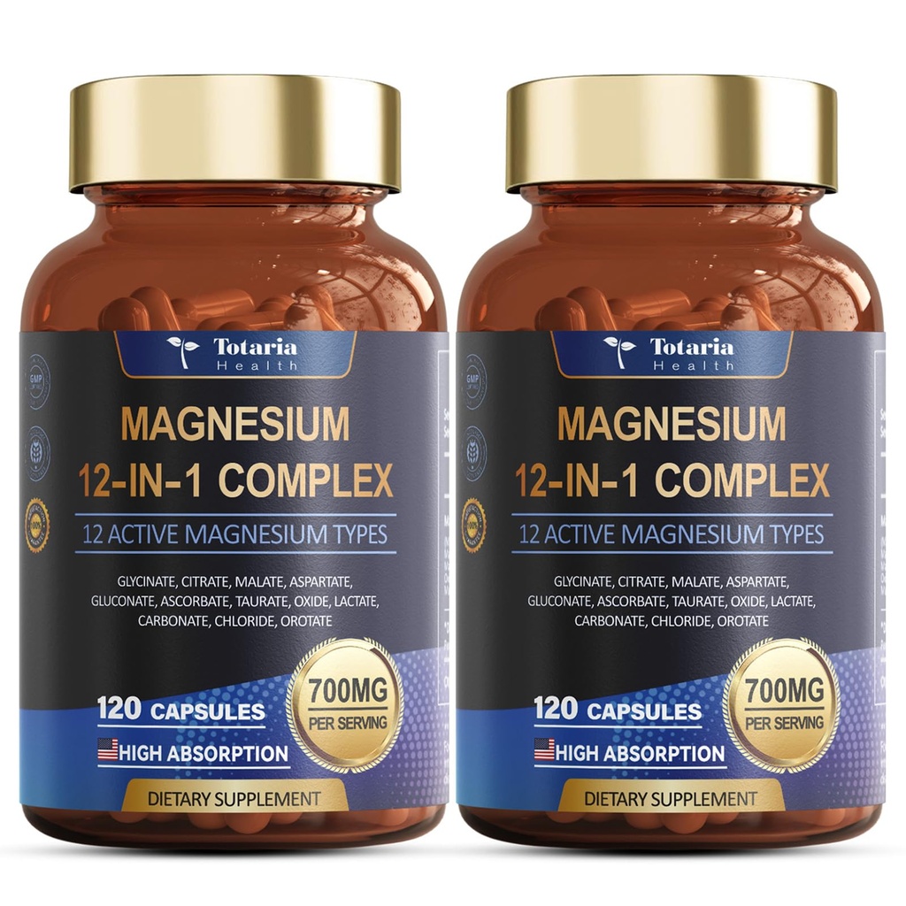 Magnesium Complex 700mg 12 in 1 Magnesium Supplement met Glycinate Citrate Malate Oxide Taurate Aspartate Orotate Magnesium Ontspanning, Muscle, Heart Support, Vegan 120 Capsules 2PK