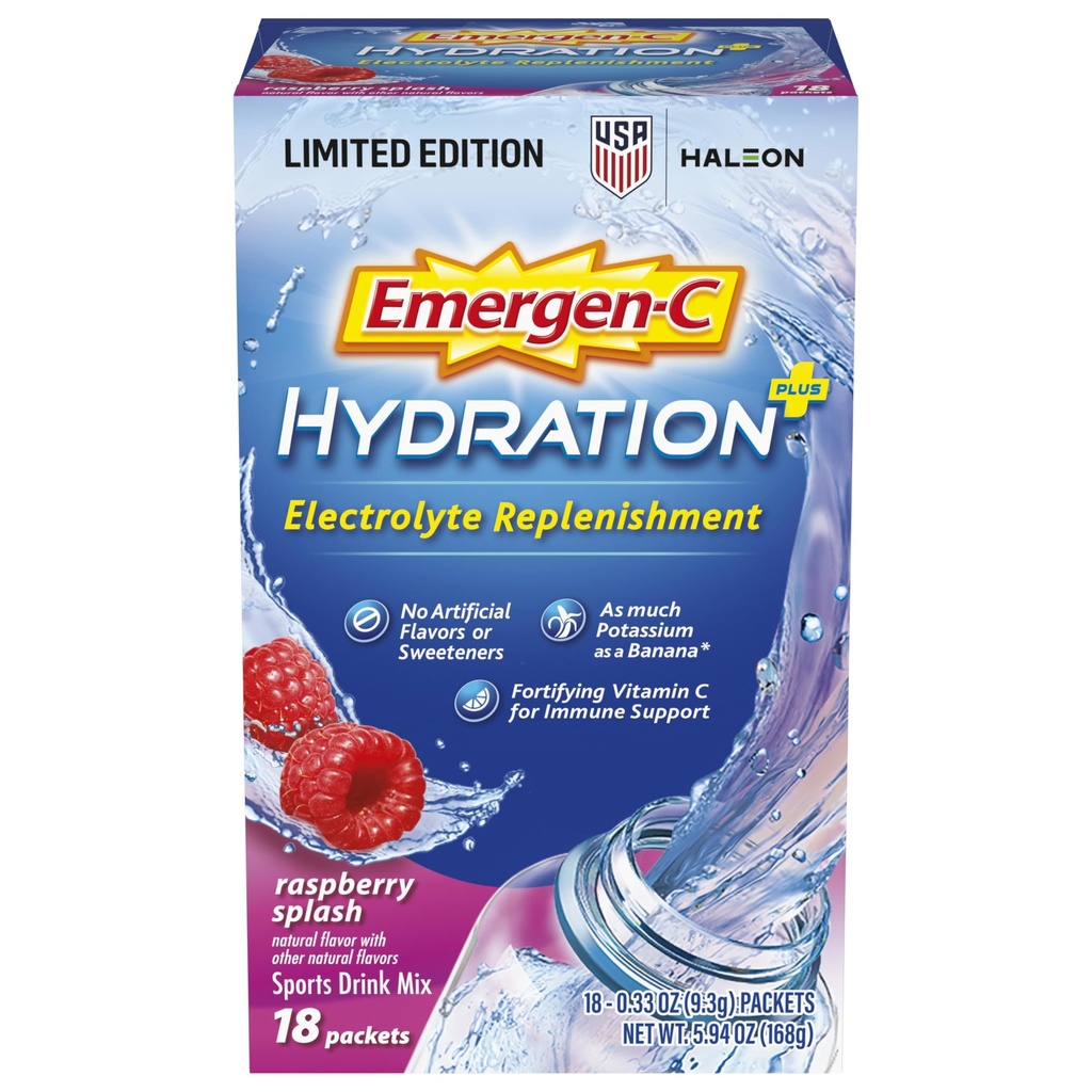 Emergen-C Hydration+ Sport Drink Mix met vitamine C (18 Count, Raspberry Flavor), Electrolyte Replenishment, 0,33 Ounce Powder Packets