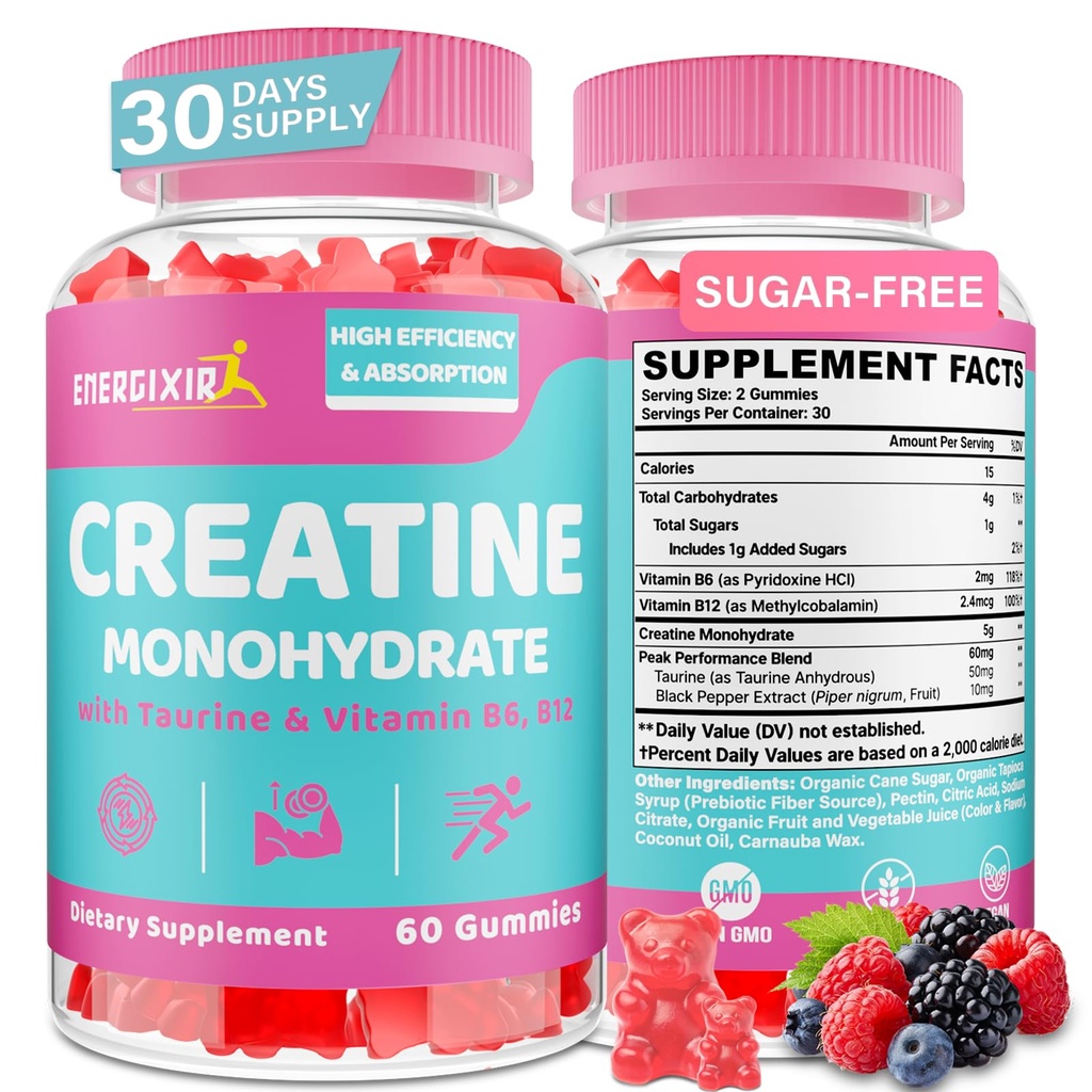 Creatine voor vrouwen, Creatine Monohydraat Gummies - Geen opgeblazen - Pre en Post Workout Kauwtabletten Supplement met Taurine & B6 - voor herstel, sterkte, energie & Booty, prestaties, 60 Tellingen